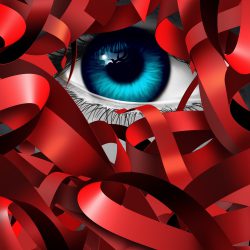 The IANA Transition Cannot Be Held Hostage Red tape crisis and bureaucratic problem as a human eye tangled in business bureaucracy and regulations as a concept and symbol of government gridlock or corporate confusion as a 3D illustration.
