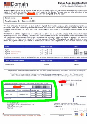 domain renewal scam letter