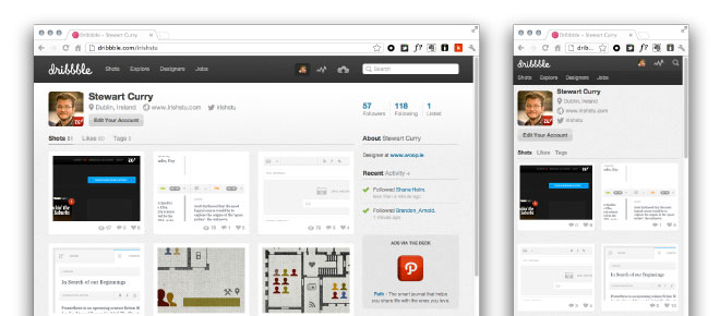 Dribbble.com at two different screen sizes