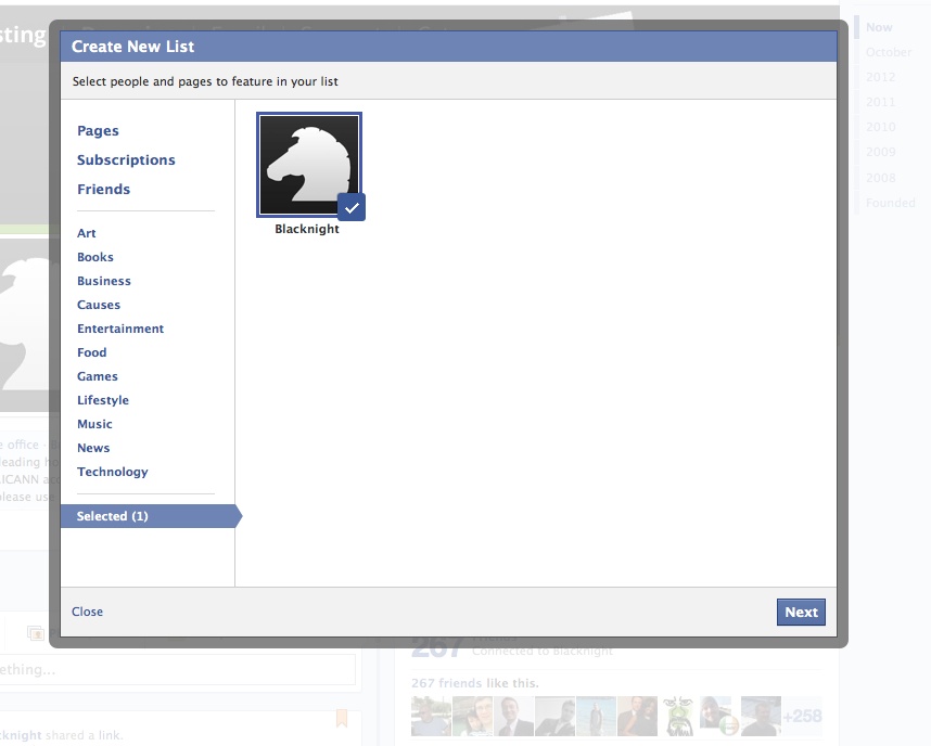 Add a page or person to a new "interest" list on facebook