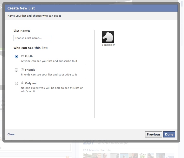 Naming a new facebook interest list and setting list privacy options
