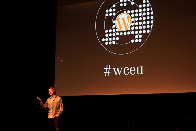 Matt Mullenweg on stage at WCEU