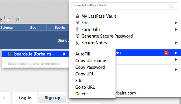 Logging into Boards.ie with LastPass