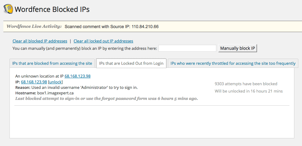 Wordfence Locked IP addresses