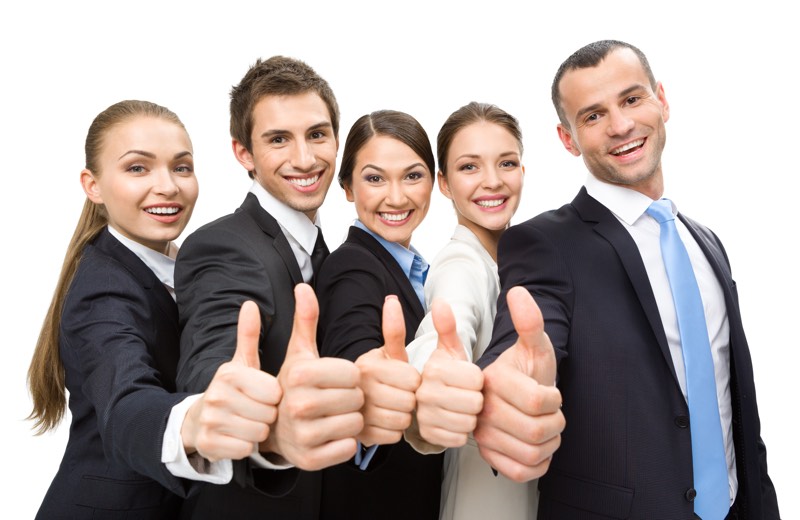 Group of thumbing up business people, isolated on white. Concept of teamwork and cooperation