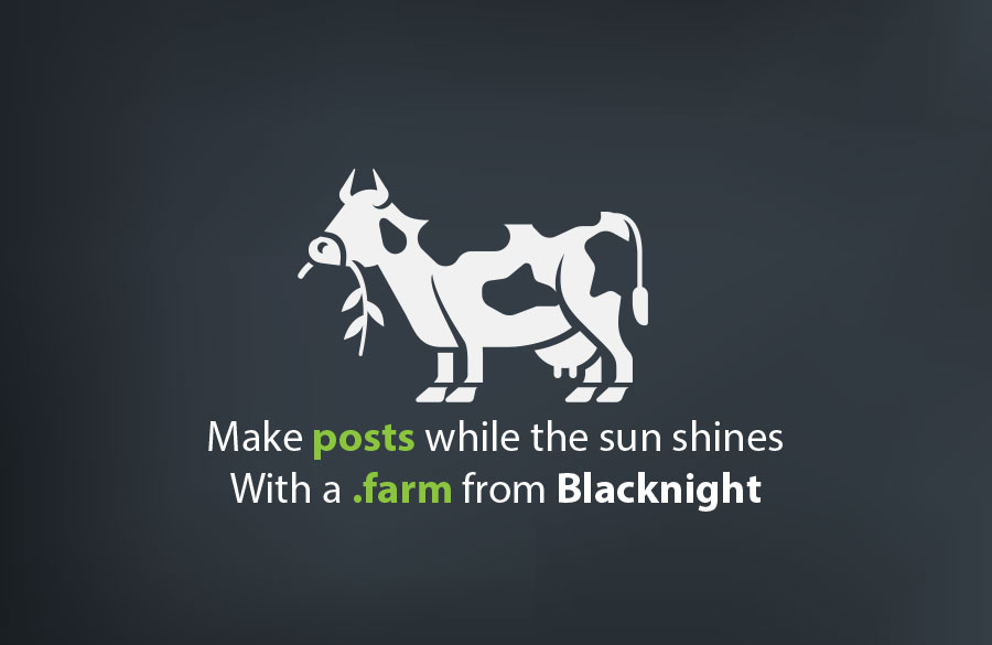 .farm image of cow with slogan "Make posts while the sun shines with a .farm from Blacknight"