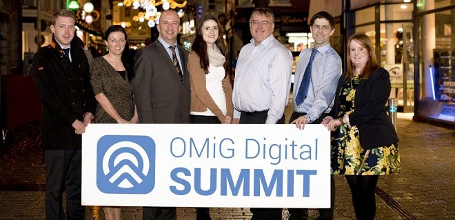 Pictured at the launch of the OMiG Digital Summit (Left to Right) Kenneth Kelly, Galway Advertiser, Audrey Elliott, Ireland West Airport Knock, Kevin Moran, IMS Marketing, Stephanie Morrin, Galway Advertiser, Conn Ó Muíneacháin, Blacknight, David Glynn, Radisson Blue Hotel & Spa, Galway and Maricka Burke-Keogh, Founder, OMiG and Head of Digital Marketing Altocloud. Picture: Julia Dunin Photography