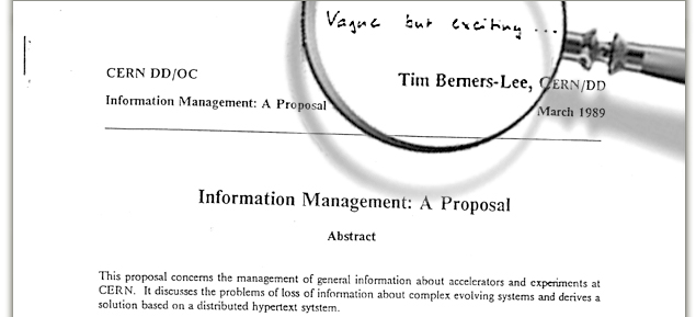 Tim Berners-Lee's original proposal for "a distributed hypertext system", from 1989. Photo: CERN
