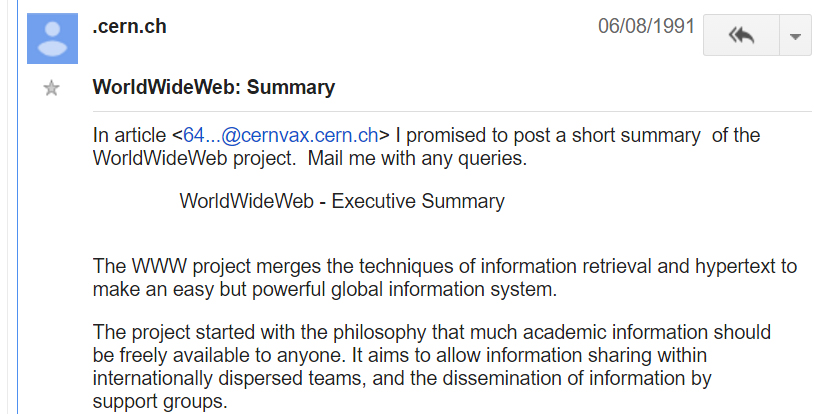 August 6 1991: Tim Berners-Lee posts details of The WWW Project on alt.hypertext.