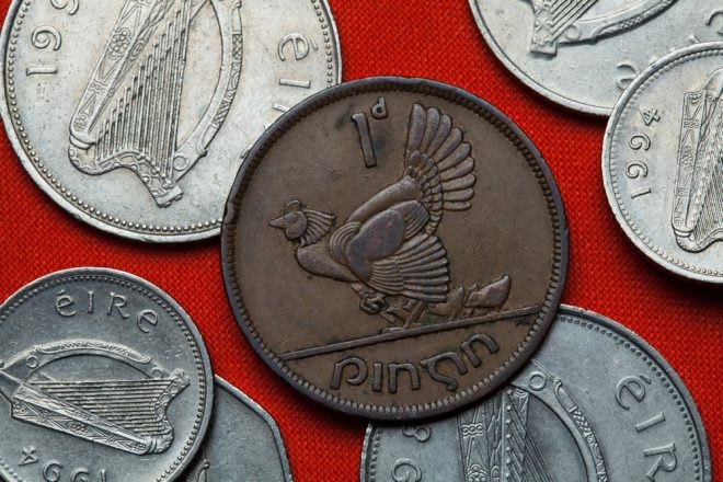 Coins of Ireland. Hen with chickens depicted in the Irish one penny coin (1946).
