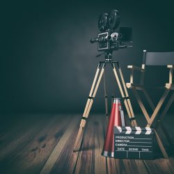 For the Love of Film Video, movie, cinema concept. Retro camera, clapperboard and director chair. 3d illustration