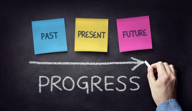 Past present and future time progress concept on blackboard or chalkboard with hand writing in chalk