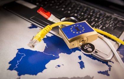 GDPR Perspectives Webinar Padlock and net cable over a laptop and a EU map, symbolizing the EU General Data Protection Regulation