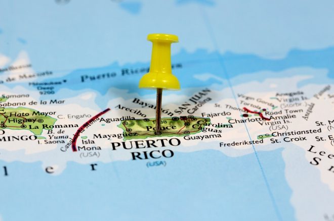 Map with pin point of Puerto Rico in Caribbean