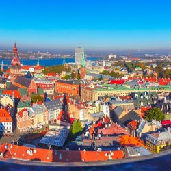 Talking Cybercrime at Baltic Domain Days Riga Aerial scenic panorama of Old Town from Saint Peter church, with Riga Cathedral, Cathedral Basilica of Saint James and Riga castle, Riga, Latvia