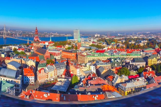 Aerial scenic panorama of Old Town from Saint Peter church, with Riga Cathedral, Cathedral Basilica of Saint James and Riga castle, Riga, Latvia