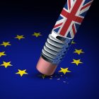 Brexit Impact on .EU Domains Britain European Union decision as a brexit leave concept and UK leaving vote or Euro zone crisis as a pencil with the british flag erasing a star of the Europe icon as a 3D illustration.