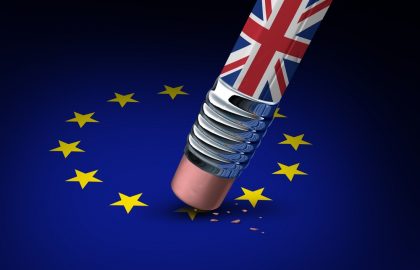 Brexit Impact on .EU Domains Britain European Union decision as a brexit leave concept and UK leaving vote or Euro zone crisis as a pencil with the british flag erasing a star of the Europe icon as a 3D illustration.