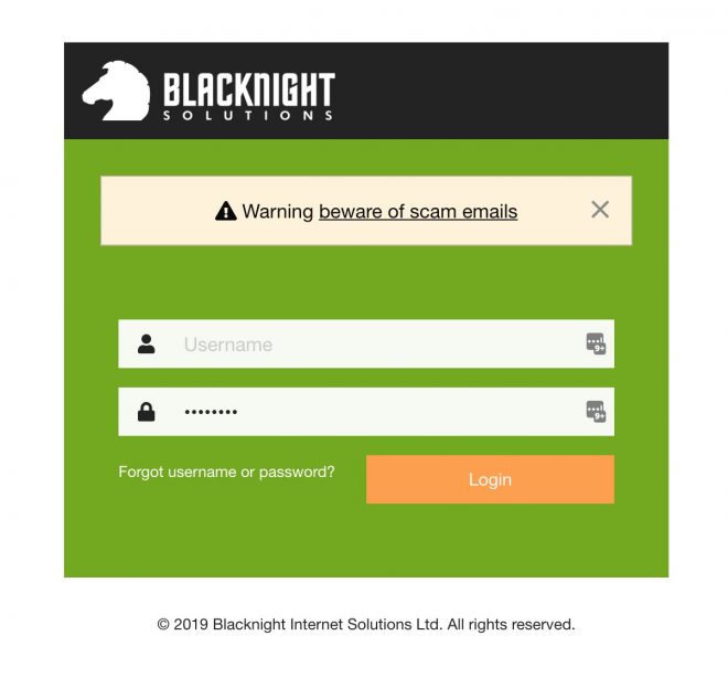 New 2019 login screen for Blacknight control panel