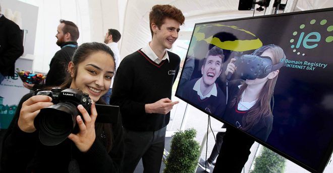 Students from Creagh College in Gorey check out the SimVirtua mixed reality experience in the IE Domain Registry Digital Dome at IEDR Internet Day 2018