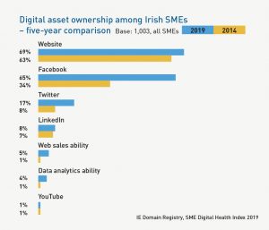 Graph comparing Digital Asset Ownership among Irish SMEs in 2019 versus 2014, covering websites, Facebook, Twitter, LinkedIn, Web sales ability, Data anaytics ability, and YouTube